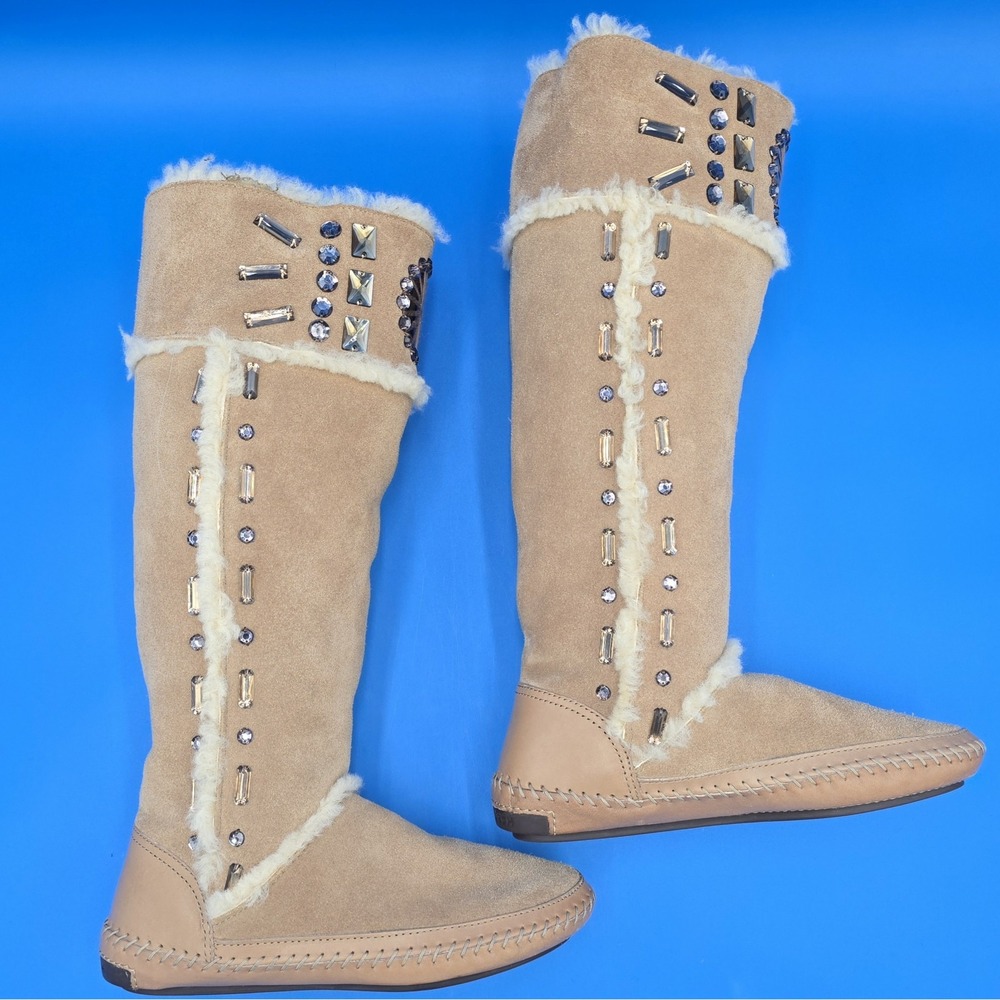 Tory Burch Tan Suede Shearling Knee-High Boots with Studs